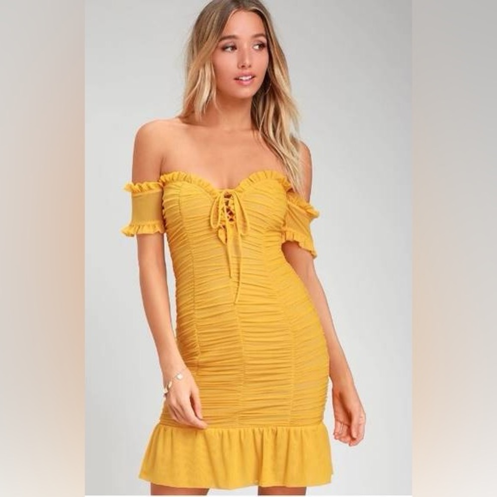 Lulus Kris Mustard Ruched Off-the-Shoulder Bodycon Dress